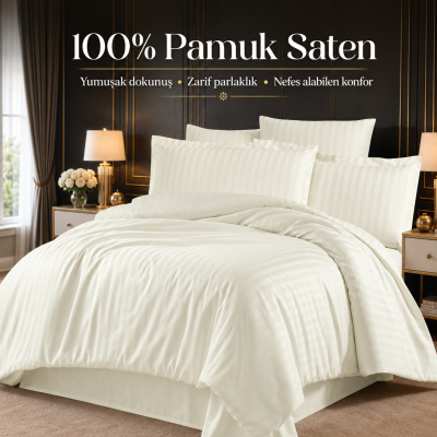 %100 PAMUK SATEN ÇİZGİLİ NEVRESİM TAKIMI - CREAM