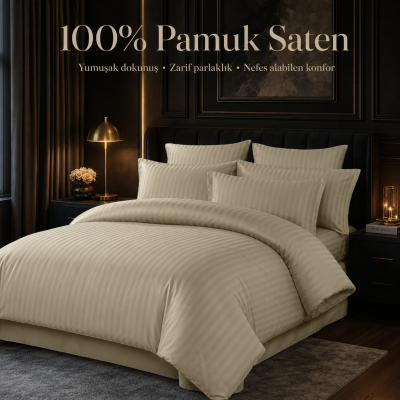%100 PAMUK SATEN ÇİZGİLİ NEVRESİM TAKIMI - STONE