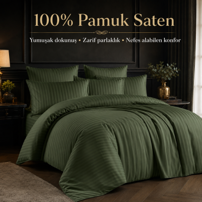 %100 PAMUK SATEN ÇİZGİLİ NEVRESİM TAKIMI - GREEN
