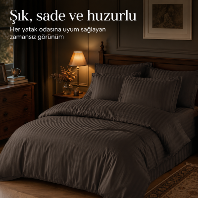 %100 PAMUK SATEN ÇİZGİLİ NEVRESİM TAKIMI - BROWN