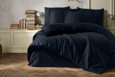 %100 PAMUK SATEN ÇİZGİLİ NEVRESİM TAKIMI - NAVY BLUE